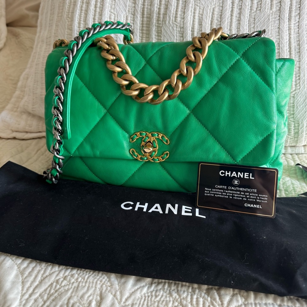 Quilted large Chanel 19 flap bag two tone hardware goatskin leather